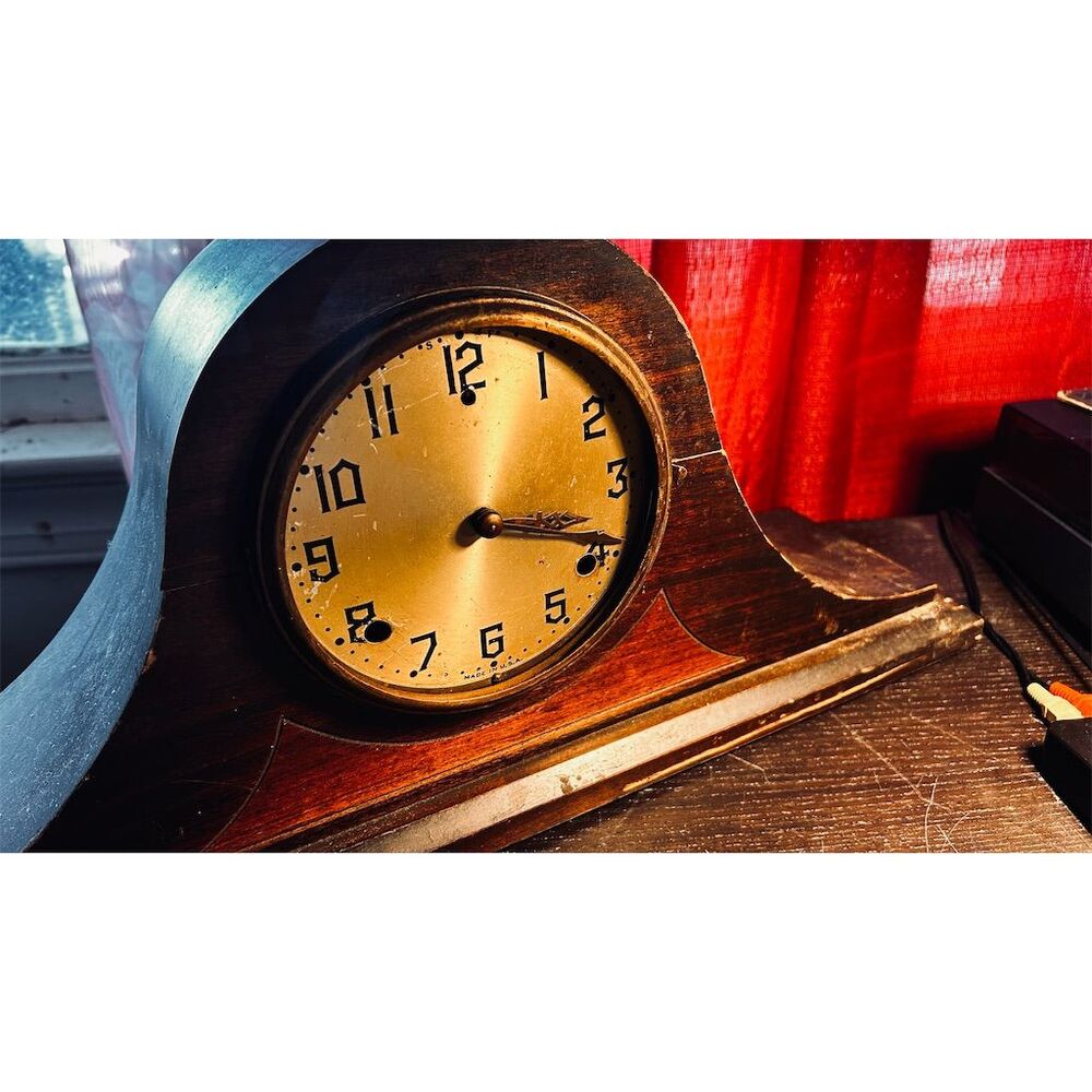 Antique Vintage Gilbert Tambour Mantel Clock c. 1920s Original Wood - for repair